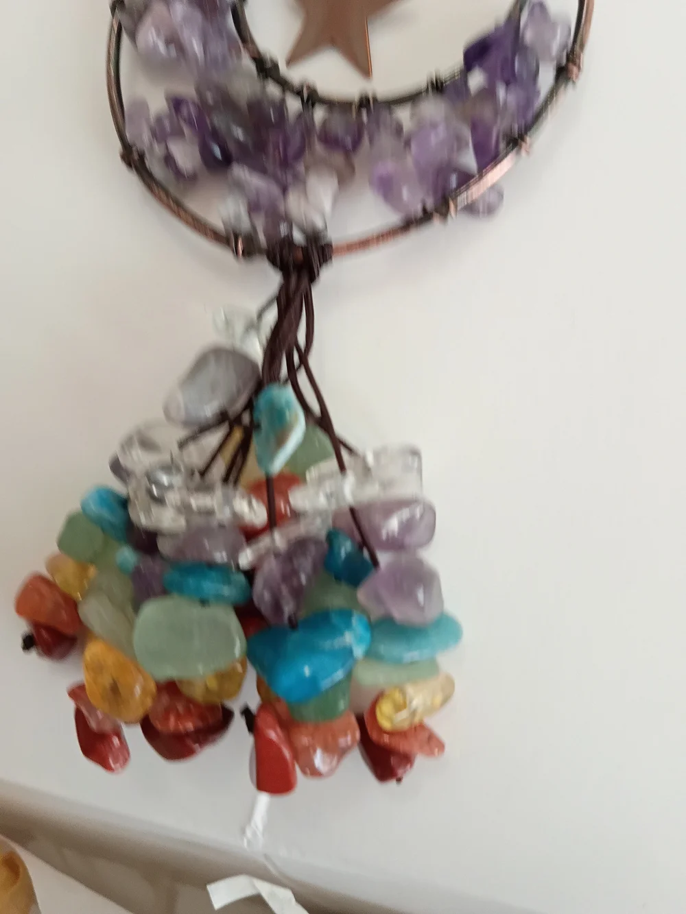 Bohemian Amethyst Moon Charm Hanger Necklace with Multicolor Gem Tassel Chakra